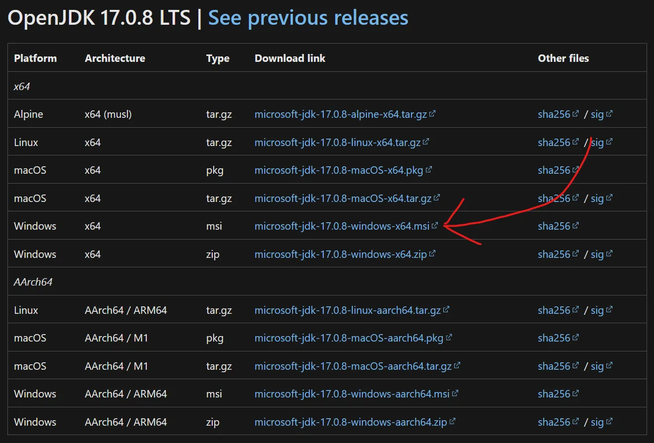 red arrow pointing to link on microsoft's openjdk site