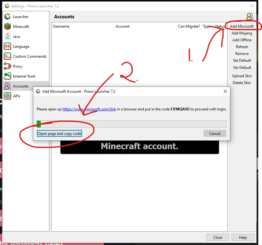 add microsoft account example from prism launcher